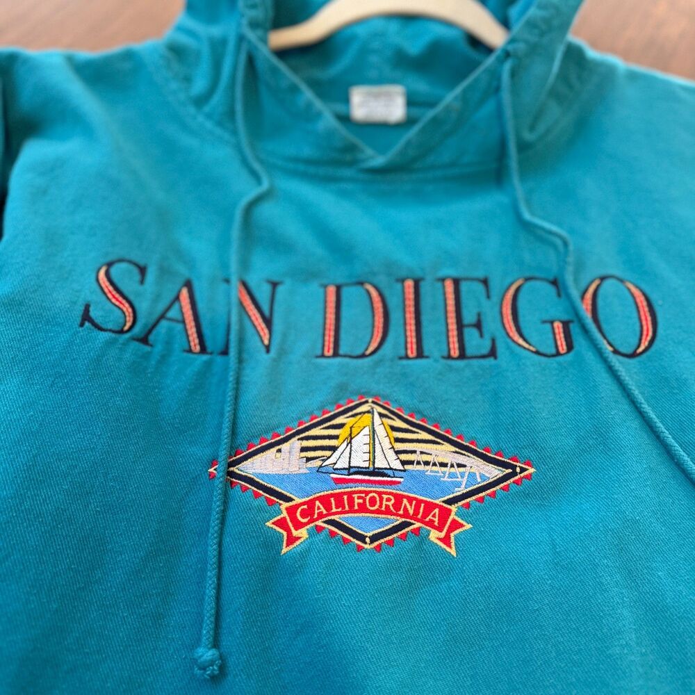 Vintage Crazy Shirts Hawaii San Diego Hoodie Teal Embroidered USA Made 90s XL - Picture 3 of 8